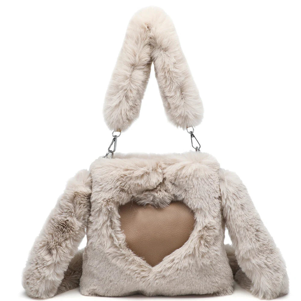 Plush tote bag for women in various colors, including black, brown, white, gray, and pink, with a soft, fluffy exterior and a spacious, versatile design.
