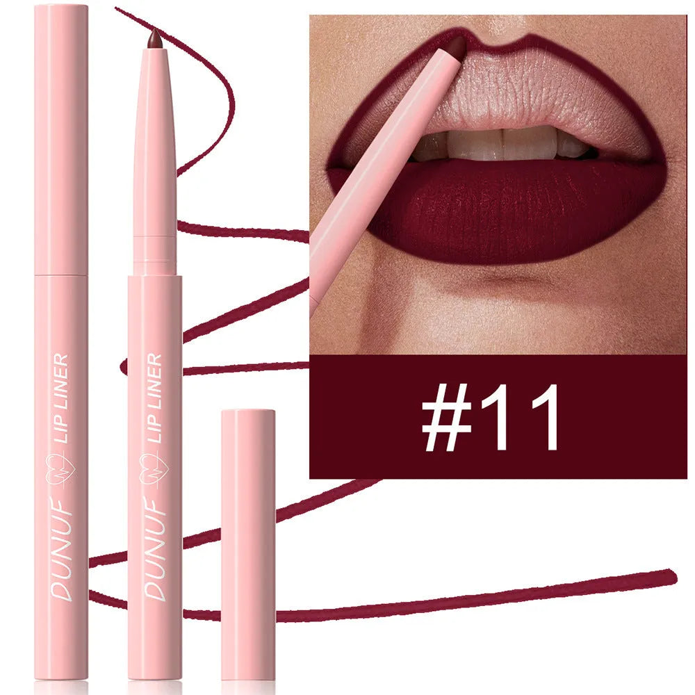 Velvet matte lip liner pencil in one of 12 colours with soft blunt tip for lip definition