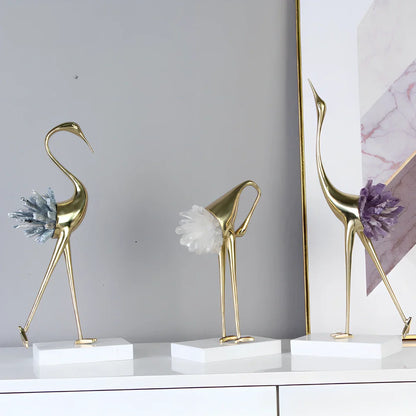 Left-facing crystal crane ornament with marble base in three size options