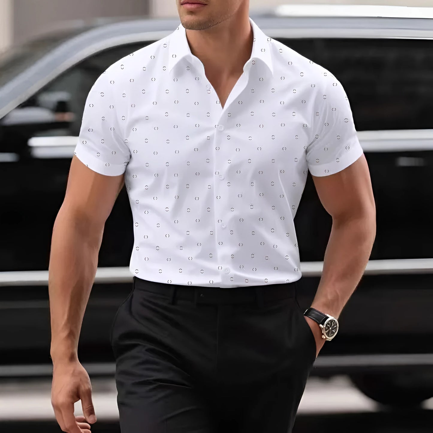 Man wearing a light blue short-sleeved floral print shirt with a casual cardigan style.