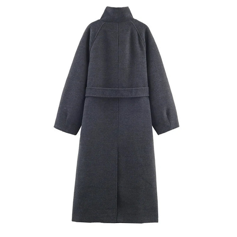 Grey women's stand collar belt overcoat with 100cm lengthened design and medium thickness construction