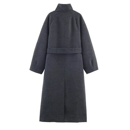 Grey women's stand collar belt overcoat with 100cm lengthened design and medium thickness construction