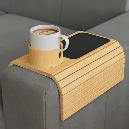Bamboo sofa tray with cup holder on furniture, 45cm length, natural wood finish