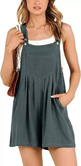 Women's short overalls in cotton linen with adjustable straps, available in multiple colors