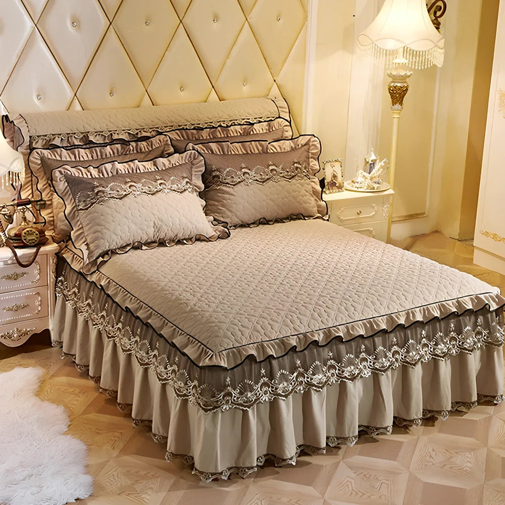 Quilted lace bed skirt with embroidery quilting on bed, showing 1.8m circumference coverage