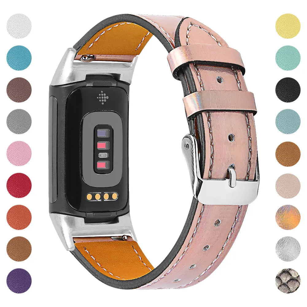Genuine leather strap for Fitbit charge5 and charge6 in selected colour with adjustable buckle showing 5.5-8.1 inch length