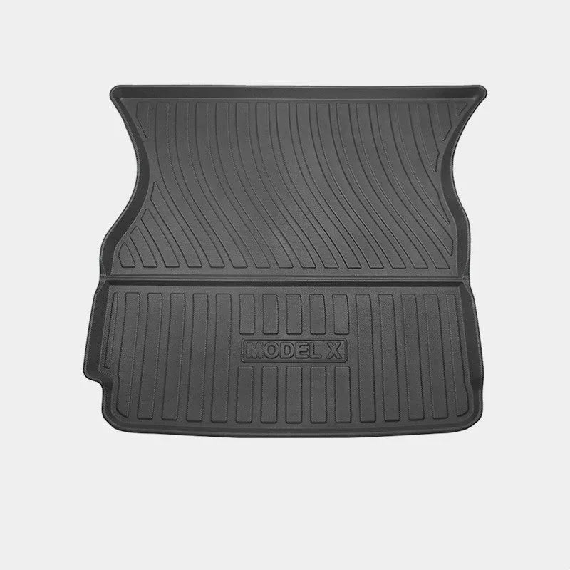 Waterproof TPE car mats for Tesla Model X showing tailbox and cabin protection