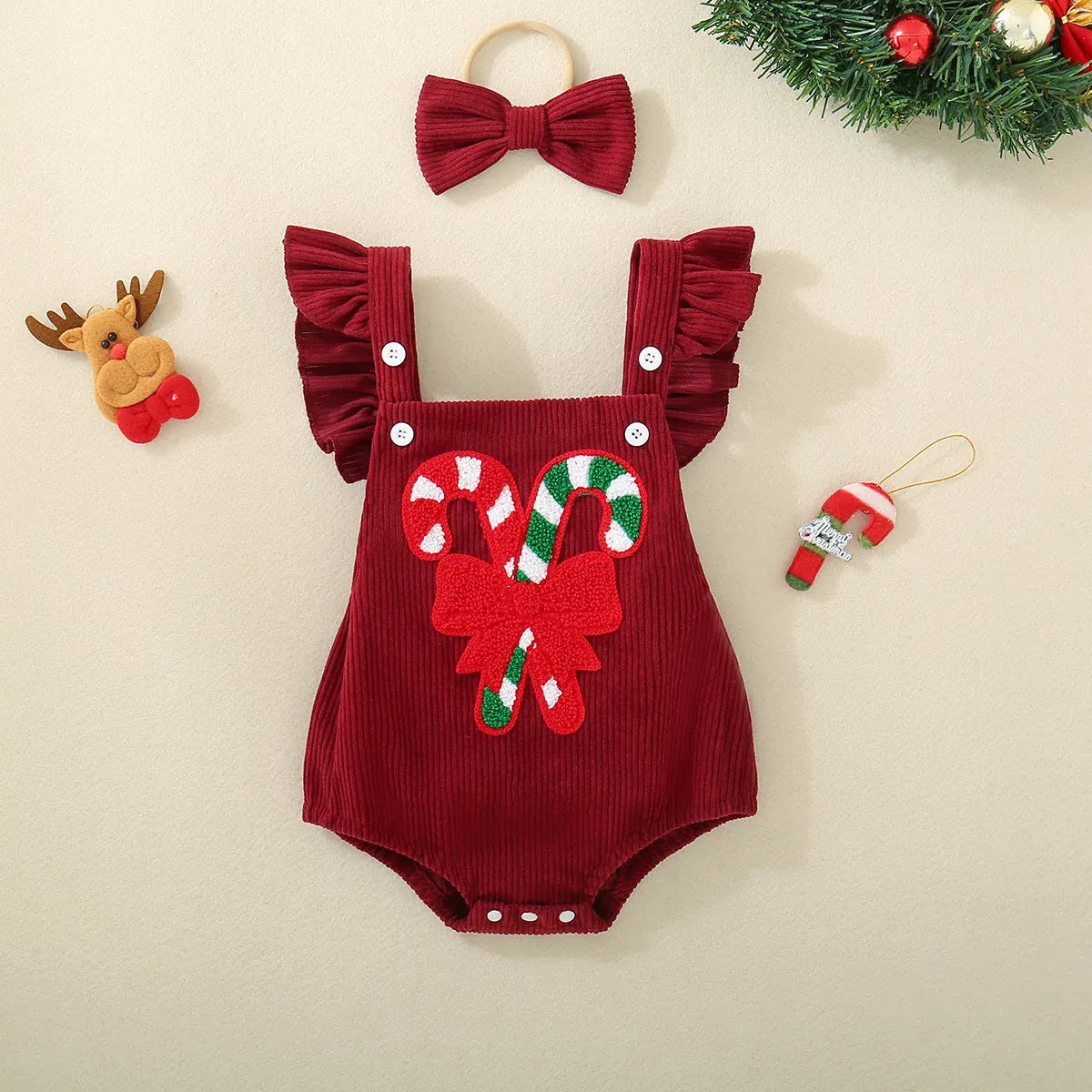 Red Christmas embroidered winged triangle romper for infants and toddlers, sleeveless cotton crawl suit, sizes 70cm to 100cm.