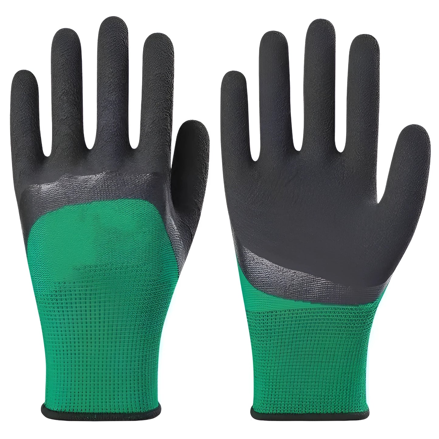 A pack of 12 pairs of black and green rubber work gloves for industrial and site use.