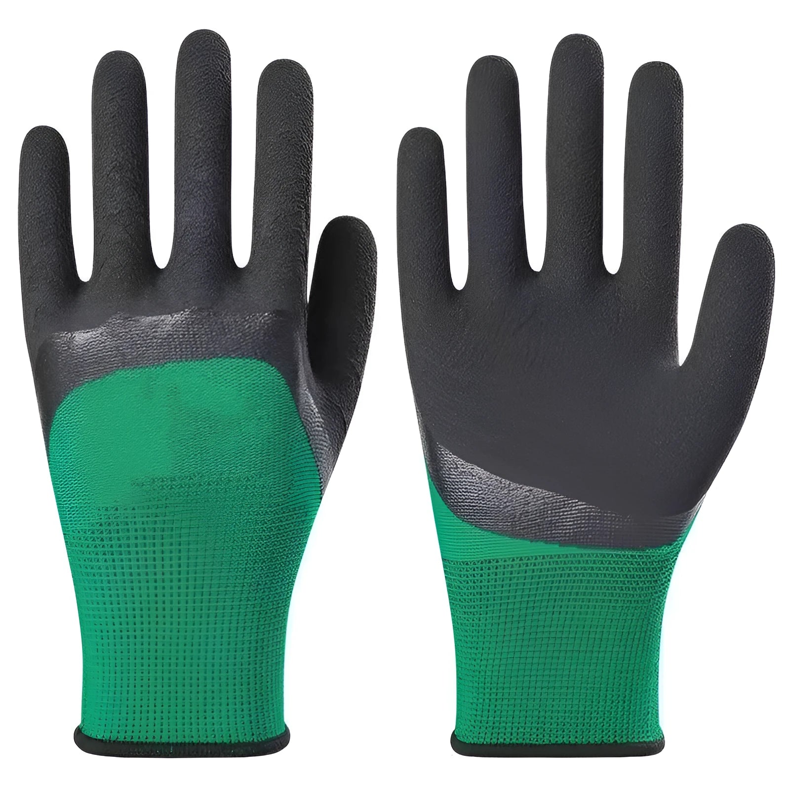 A pack of 12 pairs of black and green rubber work gloves for industrial and site use.