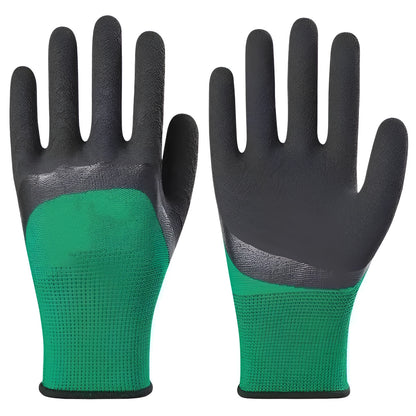 A pack of 12 pairs of black and green rubber work gloves for industrial and site use.