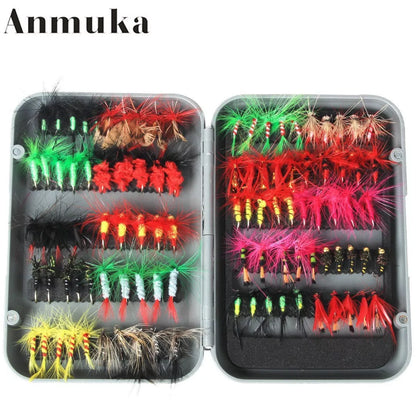 Fishing Gear 100 Fly Bait Set with real feathers for authentic movement