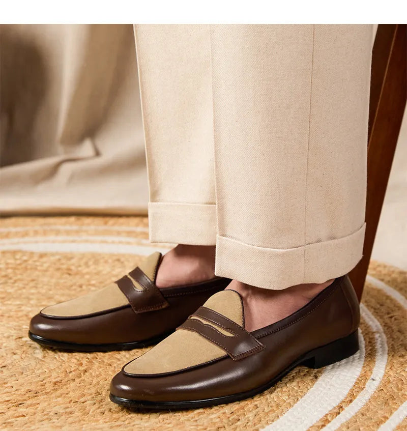 Coffee grey suede leather loafers with rubber sole and kick closure in British style