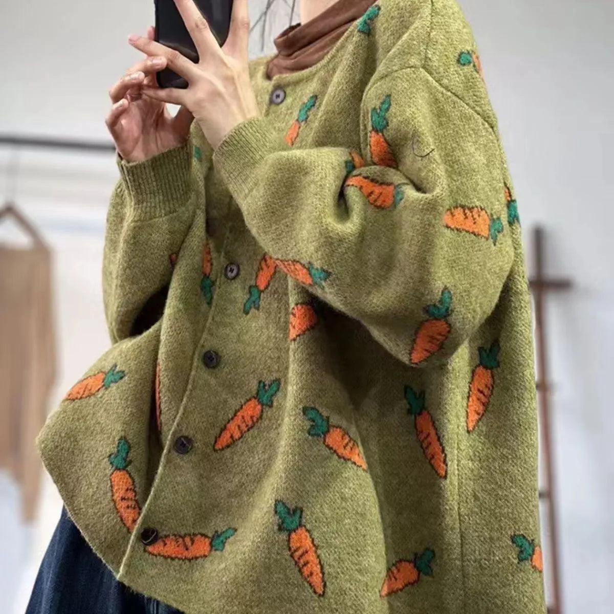 Round neck Mori artistic printing cardigan with colour contrast patterns, loose casual fit in free size