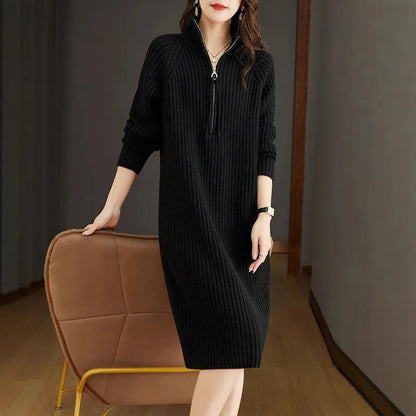 Women's beige casual long sleeve dress with half zip front and stand collar, loose straight fit.