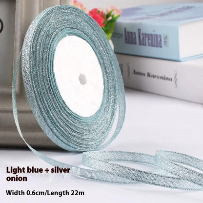 Polyester gift packaging bow ribbon showing 0.6cm width and colour options including gold leaf and metallic variations