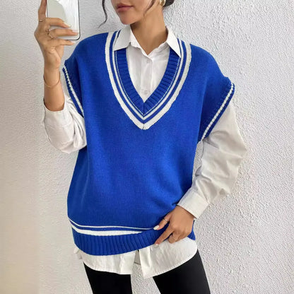 Women's college style acrylic pullover vest sweater in black, blue, and coffee colours with loose free size fit