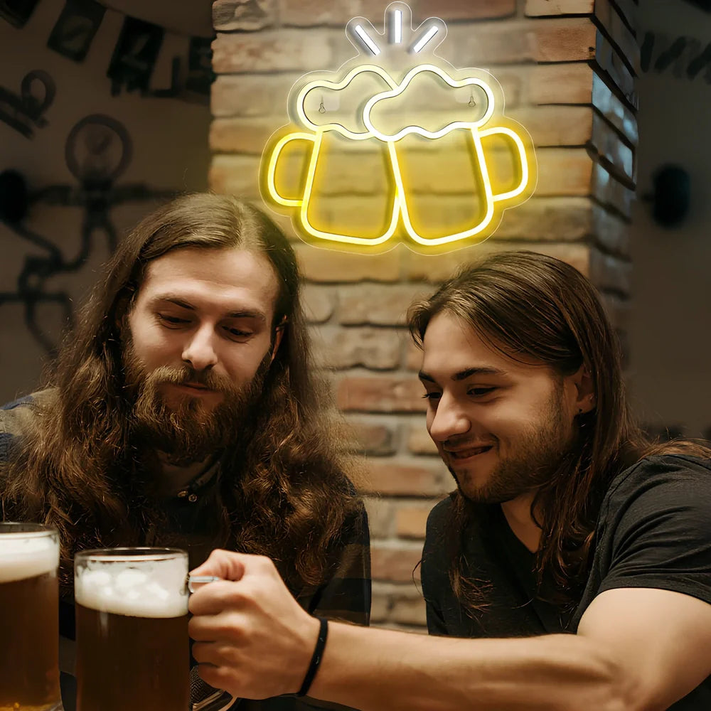 Yellow Bar Beer Cheers neon LED decorative light on shelf, acrylic shell, USB powered for home bar illumination