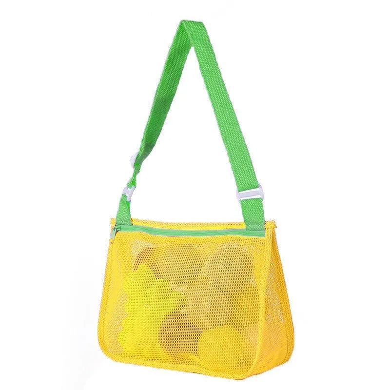 Blue children's travel storage organiser bag with nylon mesh construction and shoulder strap
