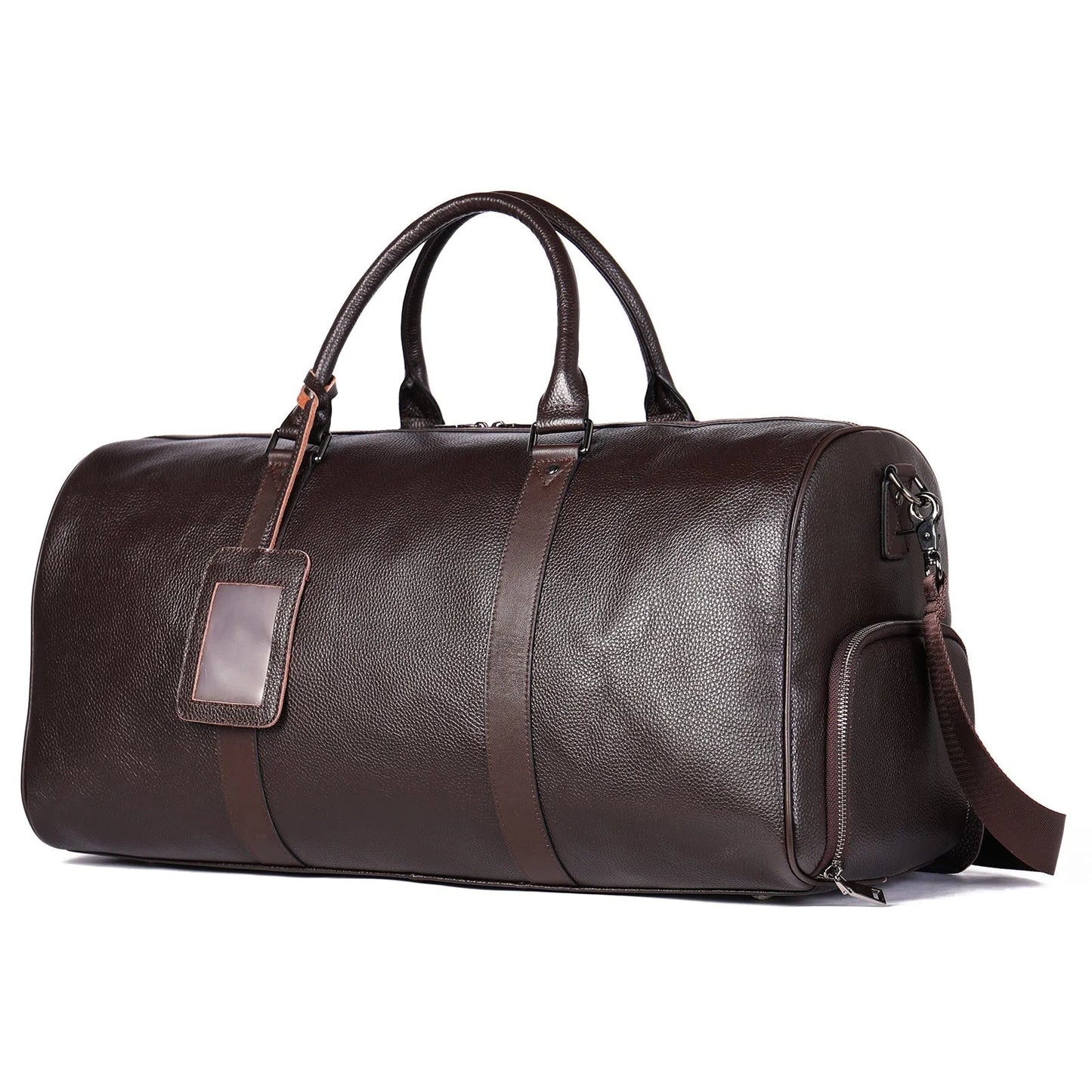 Men's leather excursion bag in black or coffee, 44cm or 55cm length, with single strap and plain design