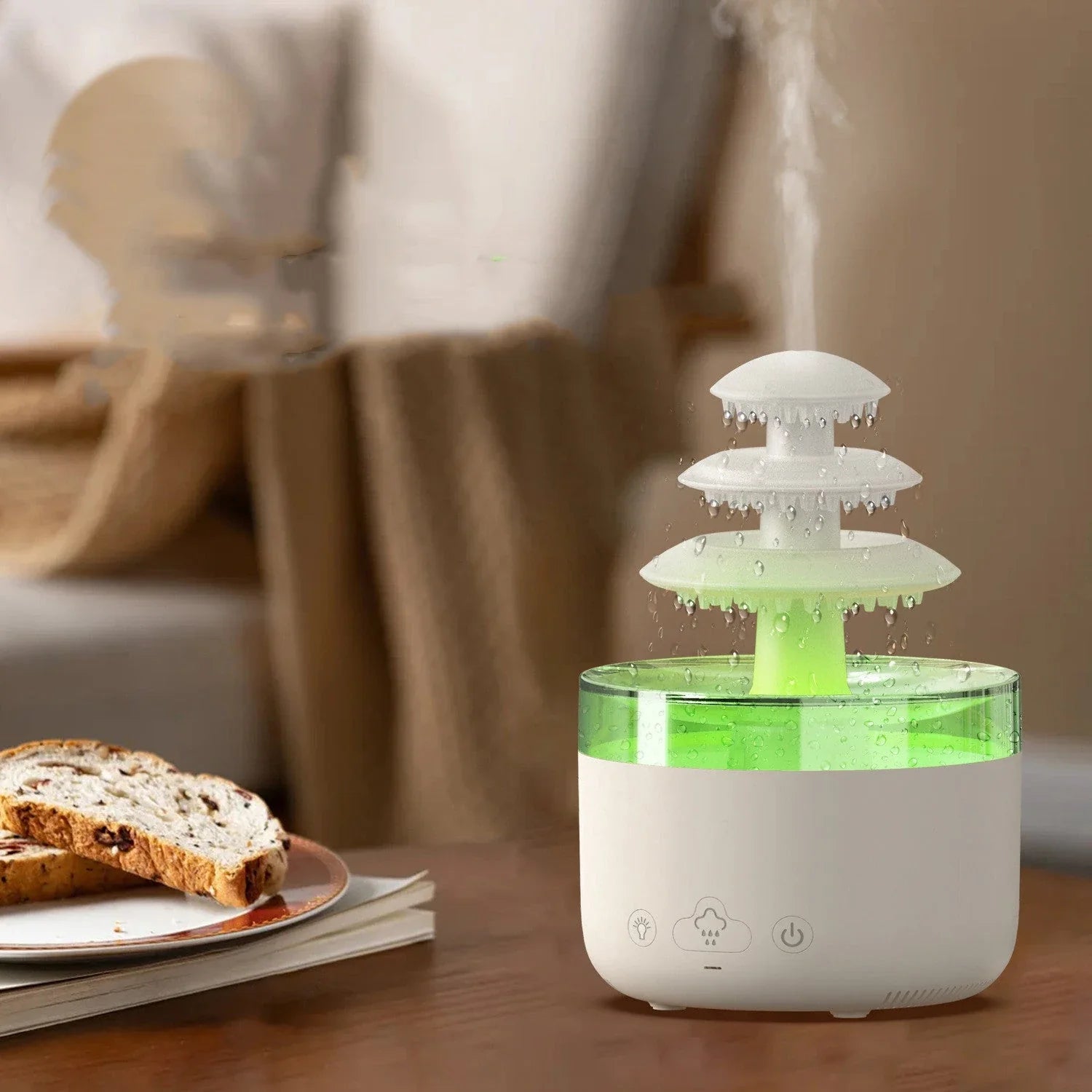 Soothing Raincloud Humidifier with ultrasonic mist, essential oil diffuser, and color-changing lights for relaxation and wellness