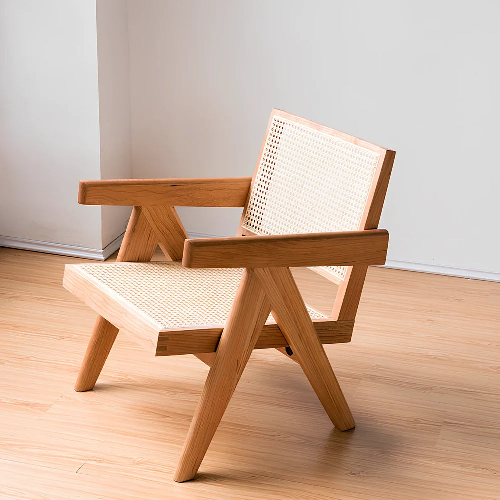 Solid wood rattan leisure chair with medieval design in ash black finish showing dimensions