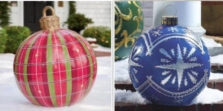 Vibrant, inflatable Christmas ornaments in various holiday designs for outdoor decoration