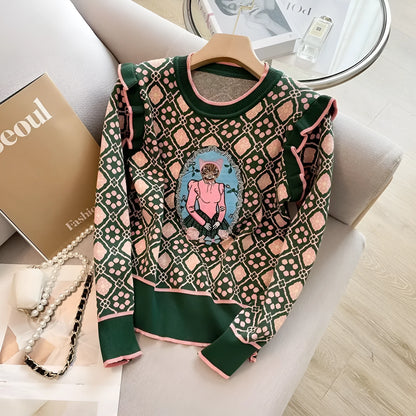 Green printed loose fit women's sweater with regular sleeves, free size.