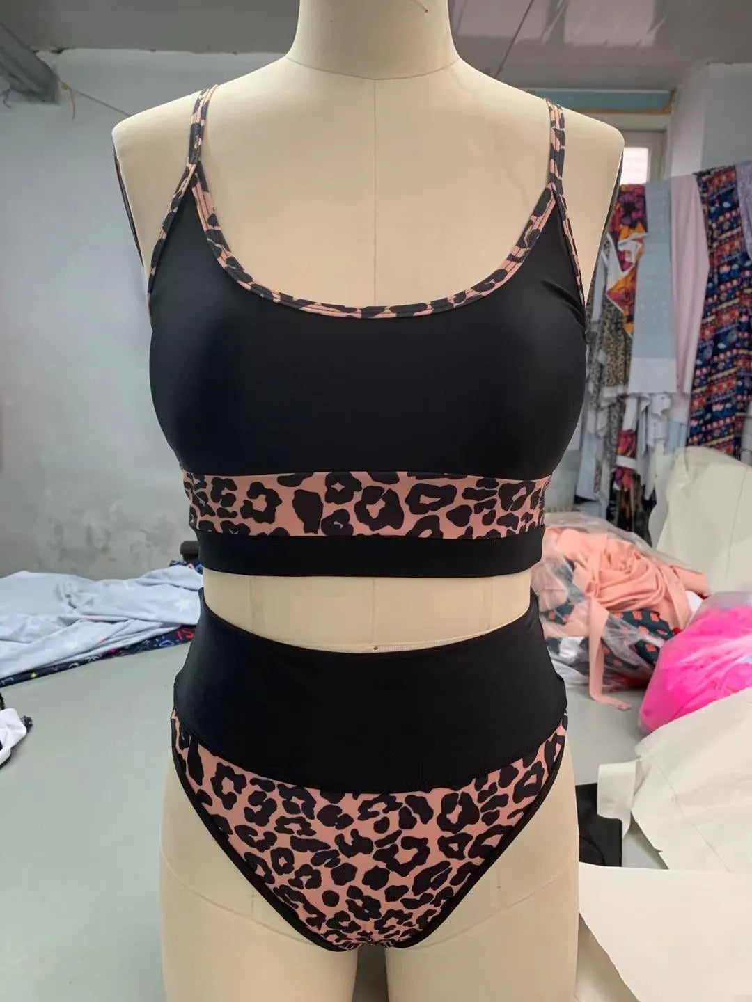 Women's high waist split bikini swimsuit in white or leopard print, nylon fabric, sizes S to XL