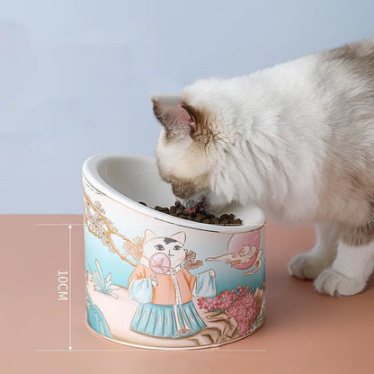 Chinese style ceramic cat bowl set with high legs and double bowl design