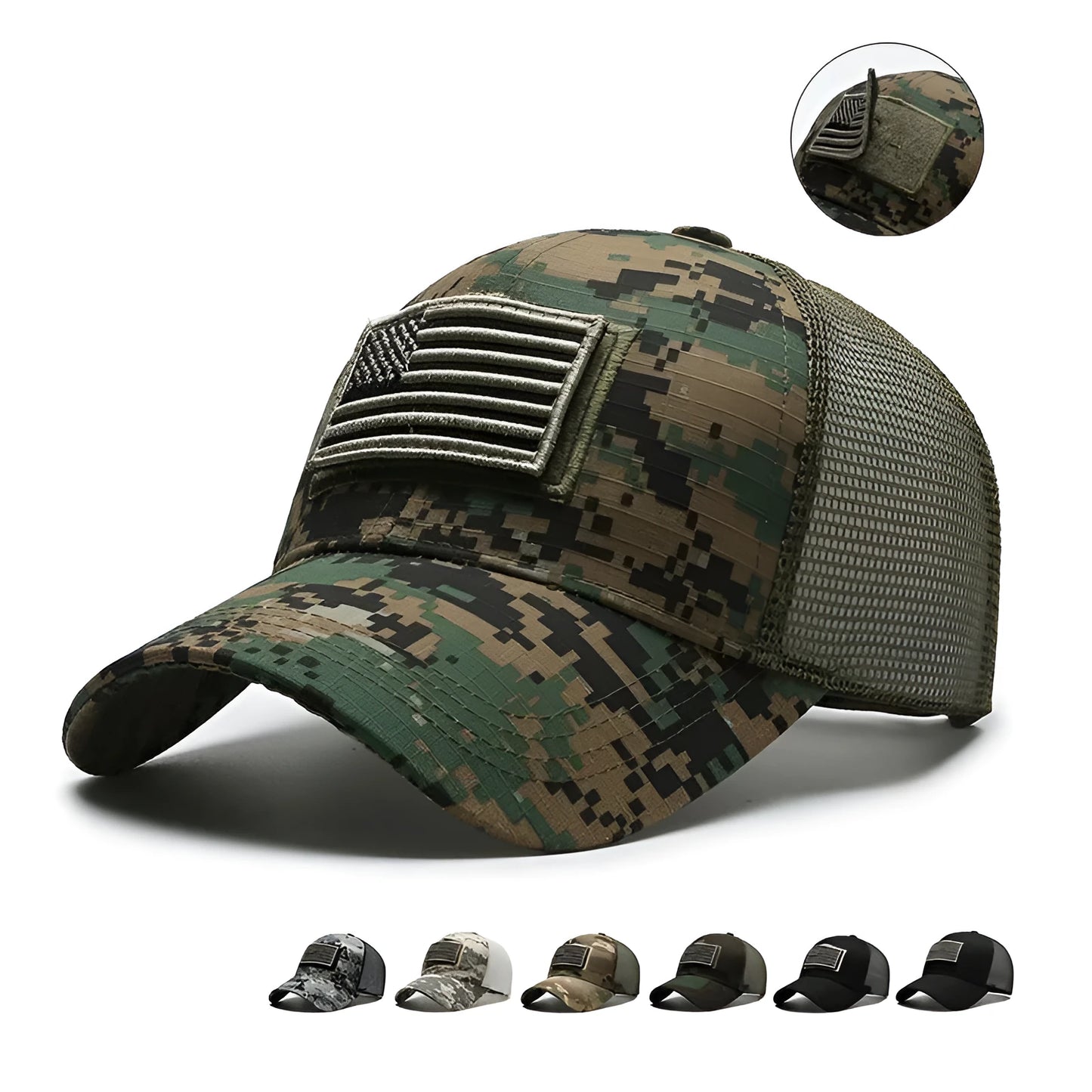 Tactical camouflage baseball cap with adjustable sizing and dome crown