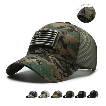 Tactical camouflage baseball cap with adjustable sizing and dome crown