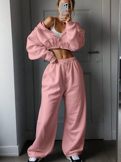 Long sleeve polyester sports sweater two-piece set showing coat and trousers in multiple colour options