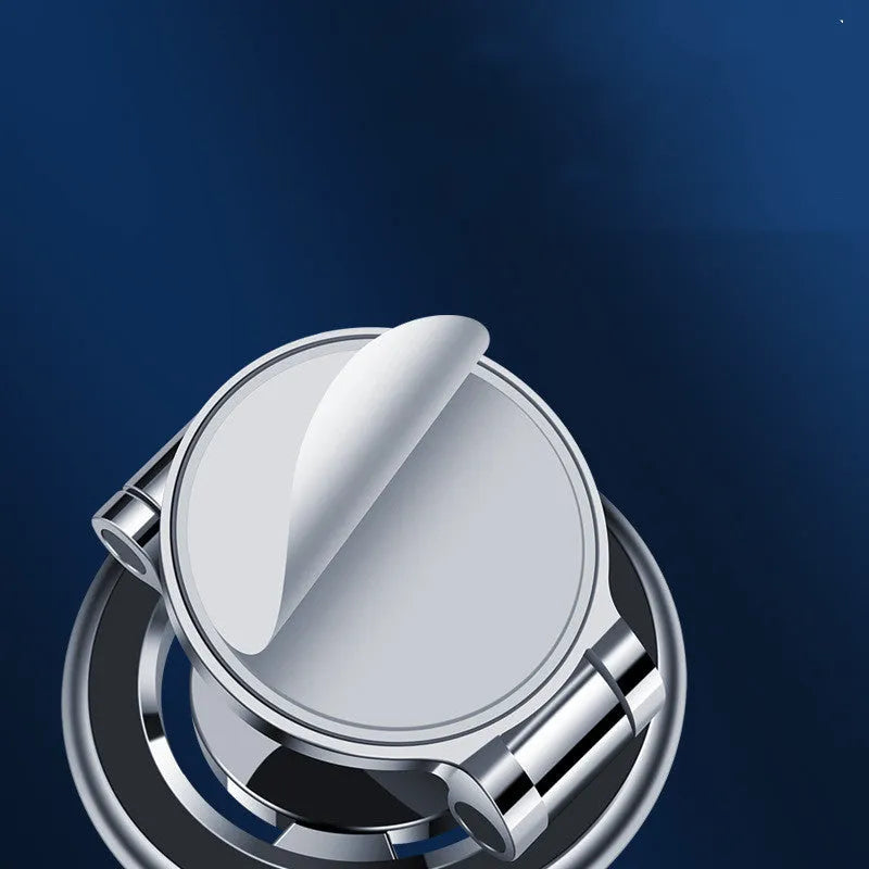 Mobile phone holder with flexible clip and 360-degree rotation bracket for in-car use, featuring a strong adhesive mount and magnetic fixation for stable, hands-free viewing.