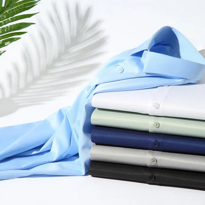 Elastic silk men's long-sleeved non-ironing shirt in solid colour with loose fit sizing