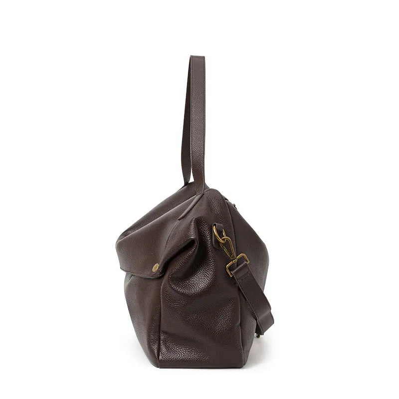 Women's genuine leather commuter shoulder bag with horizontal square shape, brown colour, zipper change bag compartment and polyester lining for work or travel use