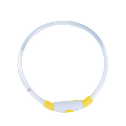 USB-rechargeable LED dog collar with blue glow, adjustable 70cm length, and three flash modes for pet safety.