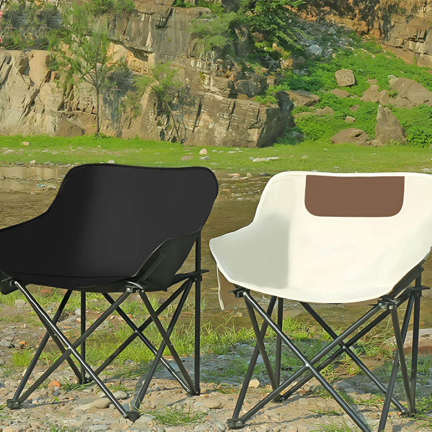 Portable folding camping chair with steel frame and Oxford fabric in outdoor setting