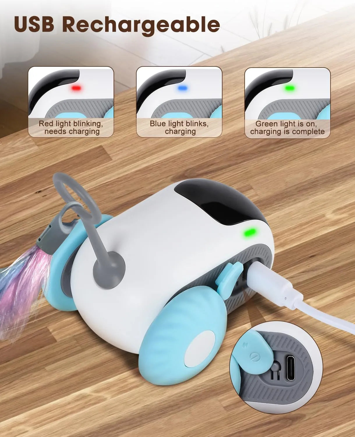 Blue remote-controlled smart cat toy car with feather teaser attachment on hard floor