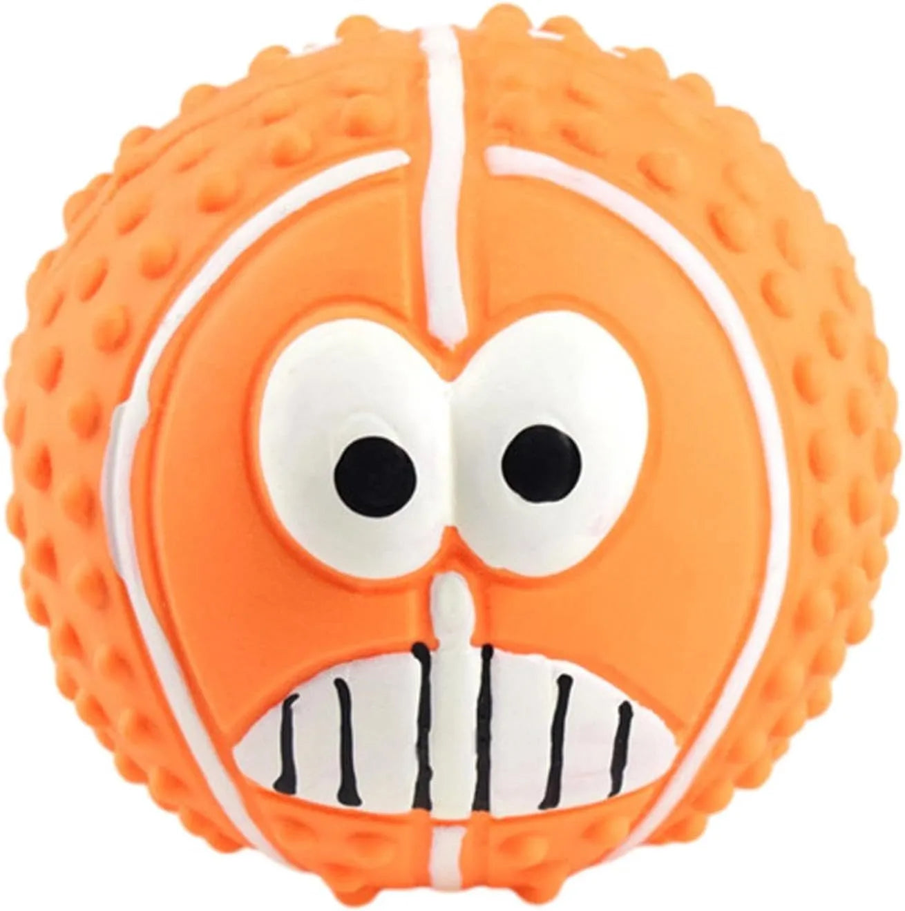Green, orange, and yellow latex dog balls with smile face designs for chewing and play