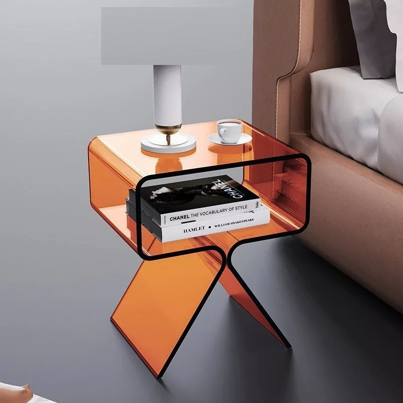 Minimalist transparent acrylic side table in living room setting