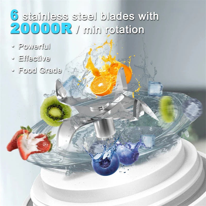 Powerful portable blender with 6-blade design for smoothies and shakes on the go