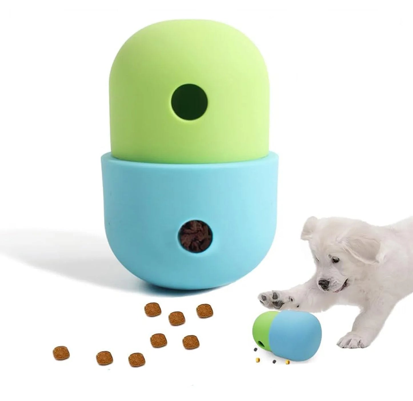 White and blue treat-dispensing puzzle toy for dogs with detachable design and rolling action