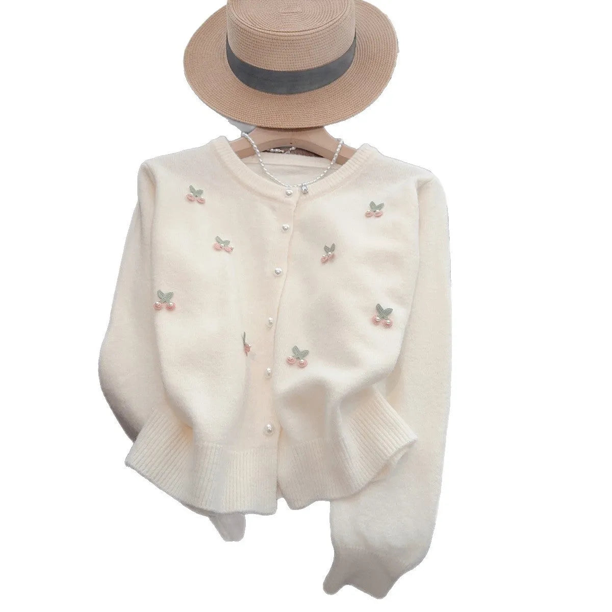 Cardigan-style sweater coat with round neck and beaded decoration in slim fit