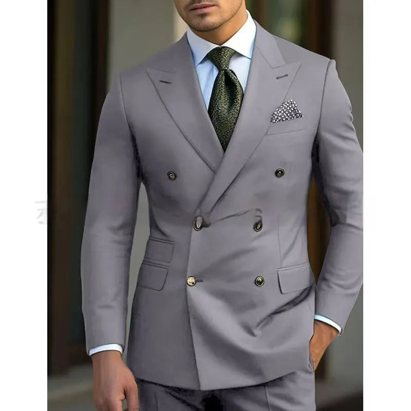 Men's light business suit set comprising a coat and trousers in a cotton blend fabric.