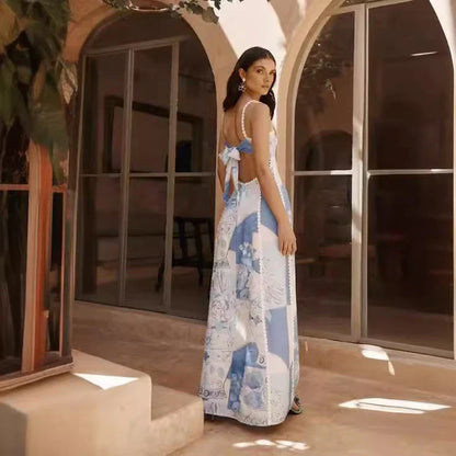 Stunning floral lace backless dress with bow suspenders, available in multiple sizes and colors