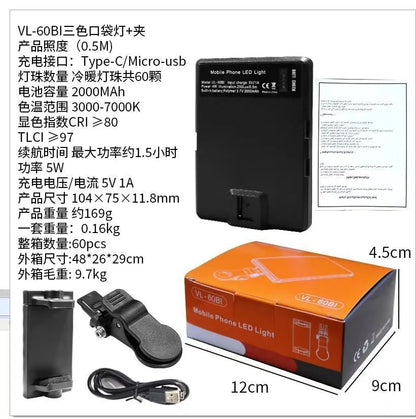 VL-60BI and VL-68BI pocket LED fill lights with clip for mobile phone attachment