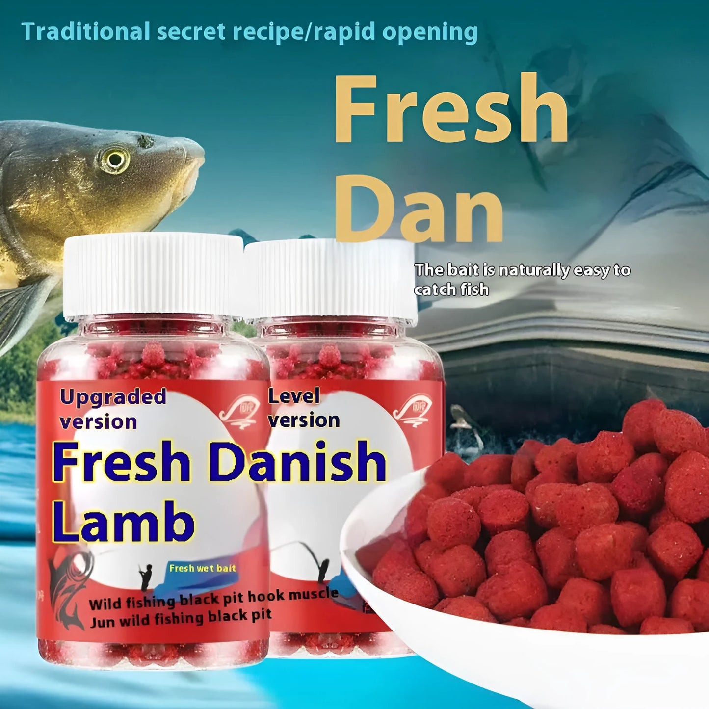 Bottle of grass green lazy particle fishing bait with fresh red pellets for crucian carp