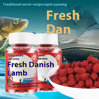 Bottle of grass green lazy particle fishing bait with fresh red pellets for crucian carp