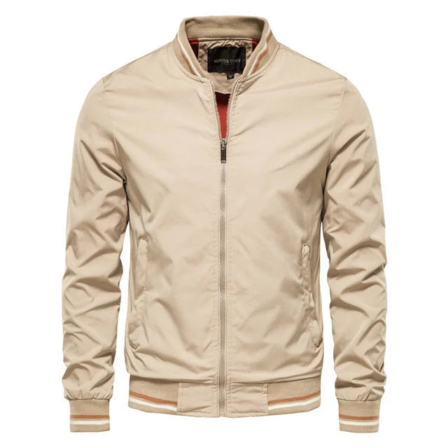 Men's striped zip-up jacket with pockets, available in multiple color options and sizes